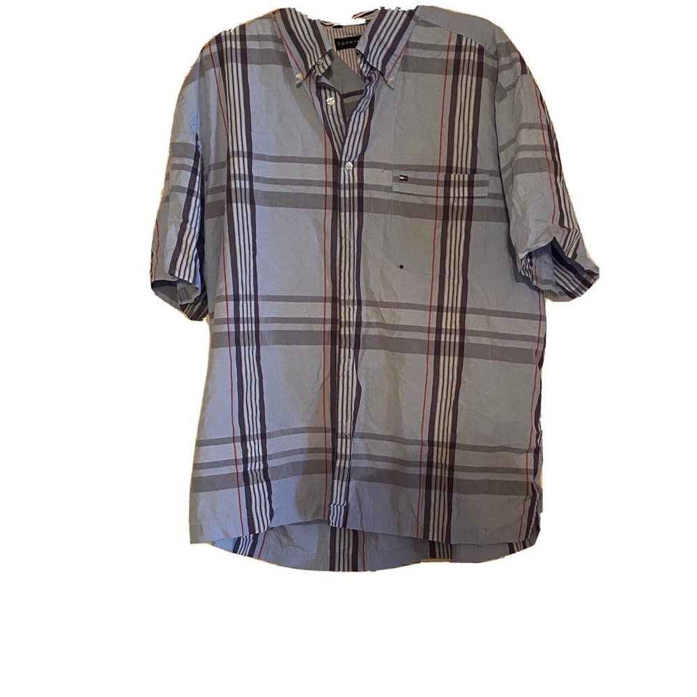 Tommy Hilfiger Blue Striped Button Up Short Sleeve Men’s Large Polo Shirt STAINS